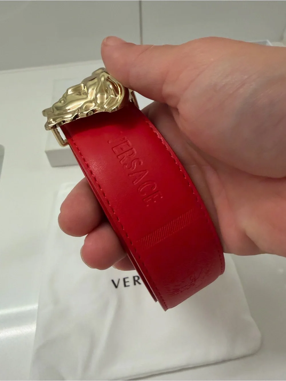 Versace Reversible Medusa Head Belt – Red/Black Leather